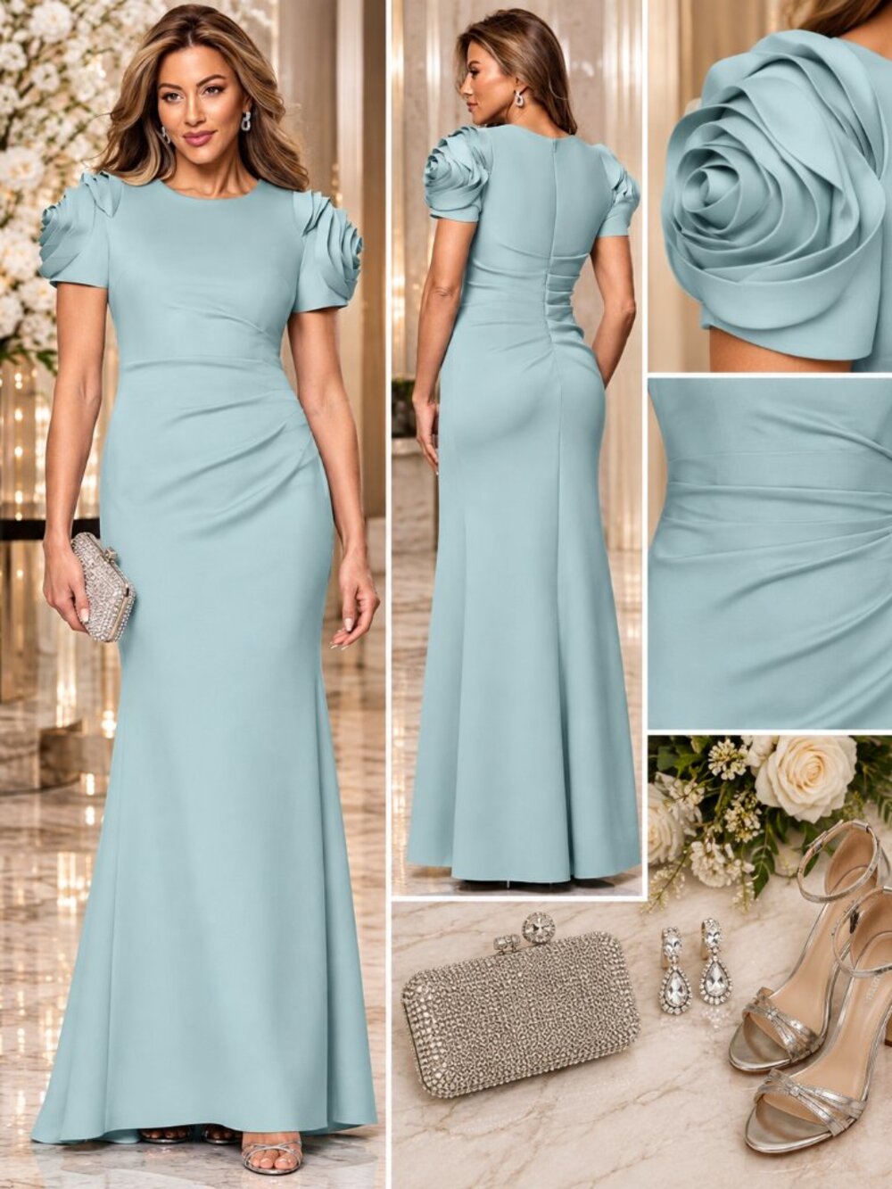 Xscape Seafoam Size 4 Rosette Sleeve Ruched Formal Evening Maxi Gown NWT NWT